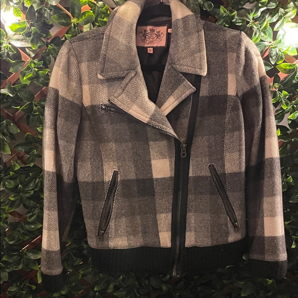 Juicy Couture Gray and Cream Plaid Bomber Jacket